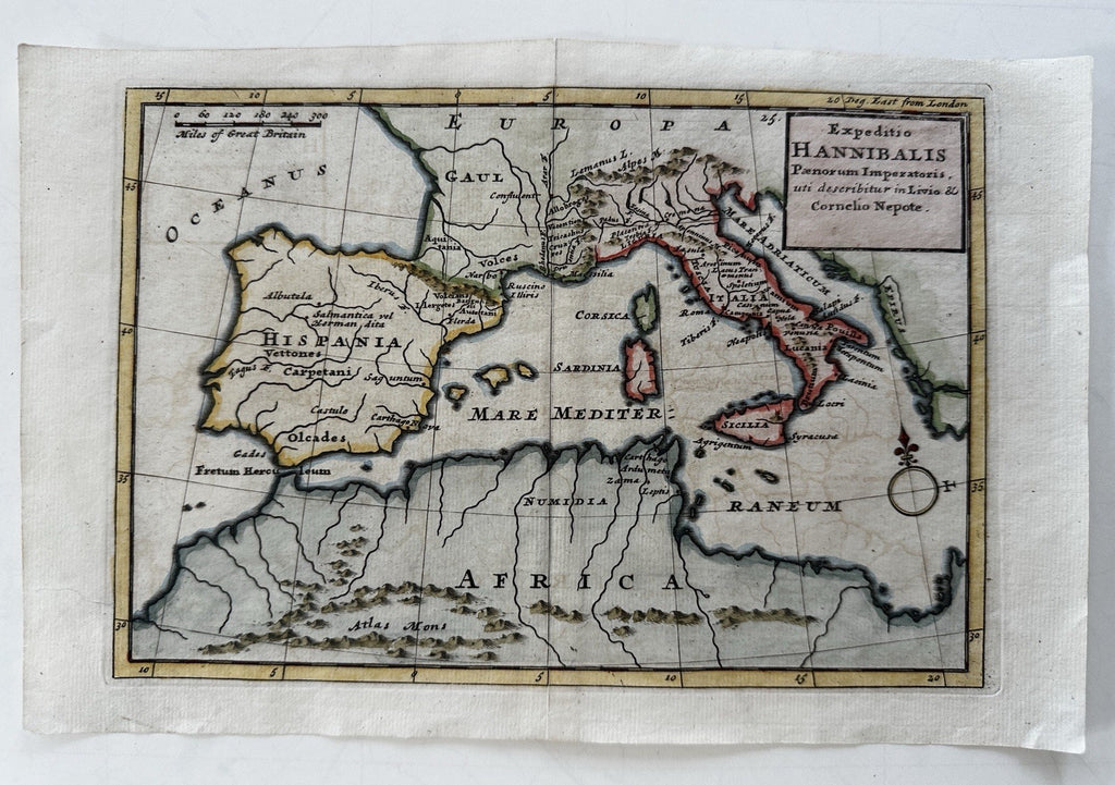 Hannibal Expedition ancient world Spain to Italy c.1755 Moll engraved map