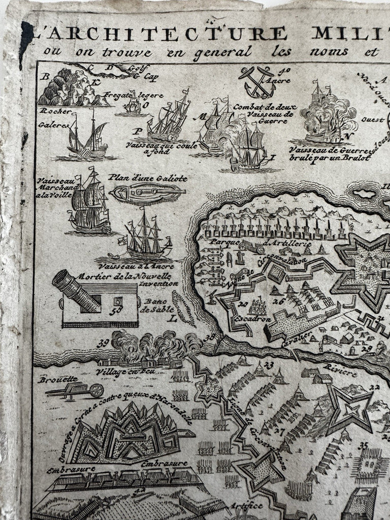 Military architecture c.1730 Naval Neptune pictorial key diagrams engraved print