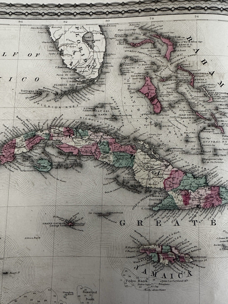 Caribbean West Indies Cuba Bermuda Windward 1870 Johnson large hand colored map