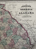 Georgia & Alabama very detailed counties 1870 Johnson large hand colored map