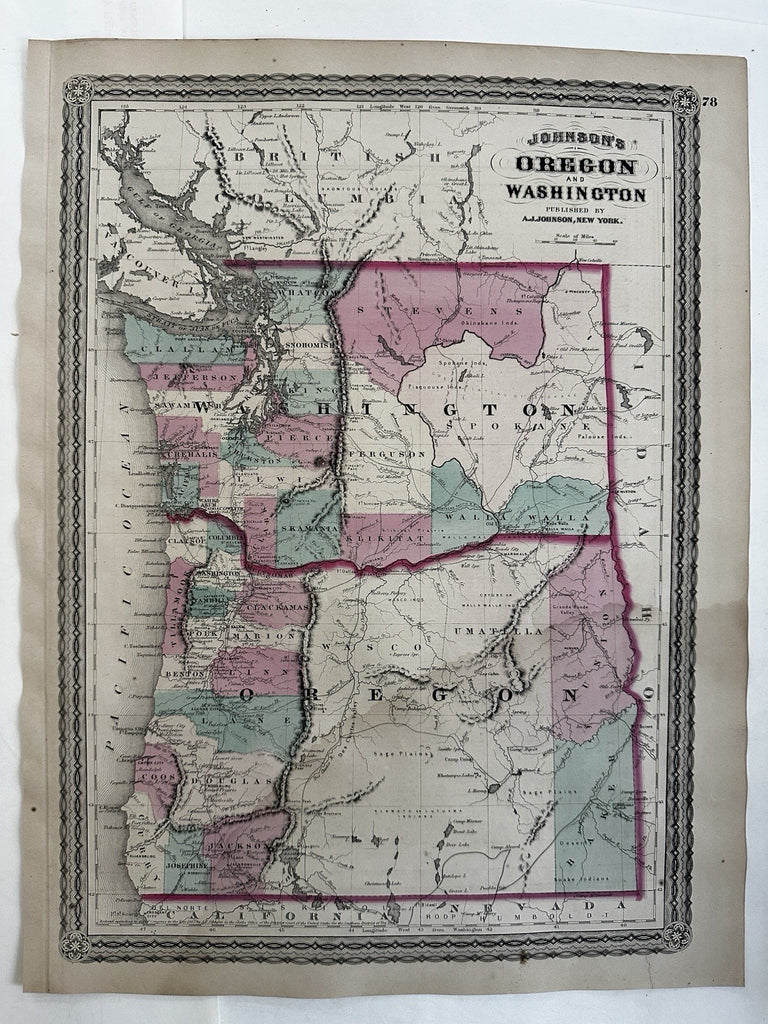 Oregon & Washington early state maps 1870 Johnson large hand colored folio map