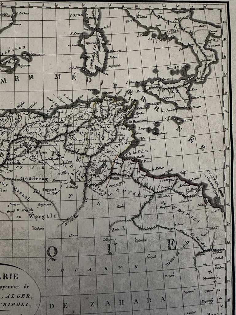 North Africa Barbary coast 1810 Lapie engraved folio map orig. hand color