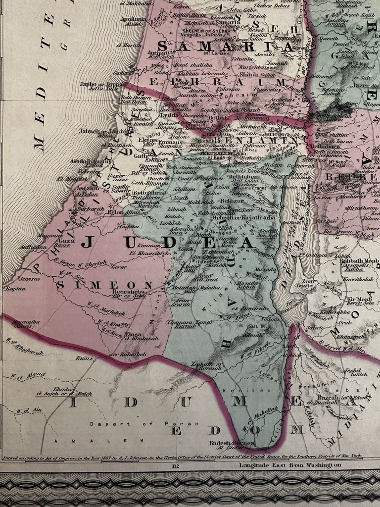 Palestine ancient Holy Land Judea Samara Galilee 1870 Johnson hand colored map
