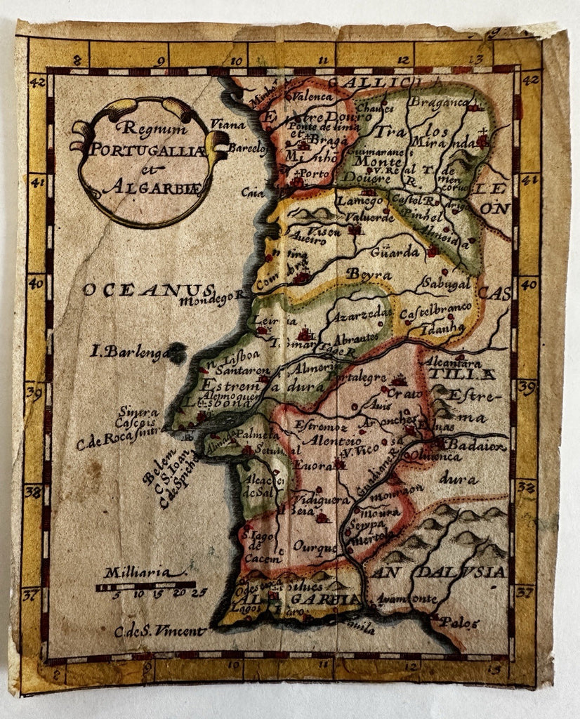 Portugal by itself Algarve coastal 1681 Du Val rare miniature hand color map