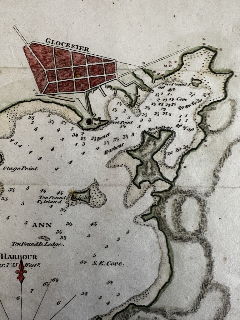 Cape Ann Harbor Massachusetts Gloucester 1833 Hooker map coastal chart handcolor