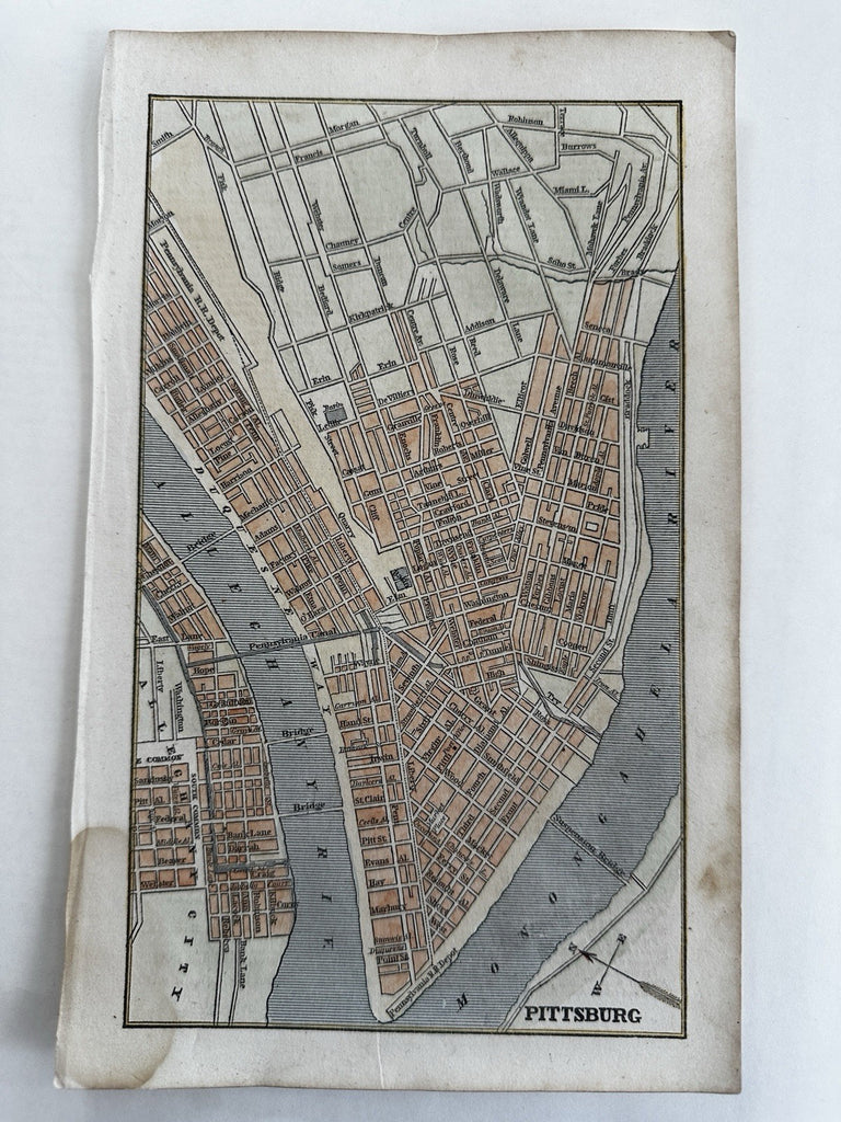 Pittsburg PA city plan 1853 Ensign charming miniature hand colored gift map