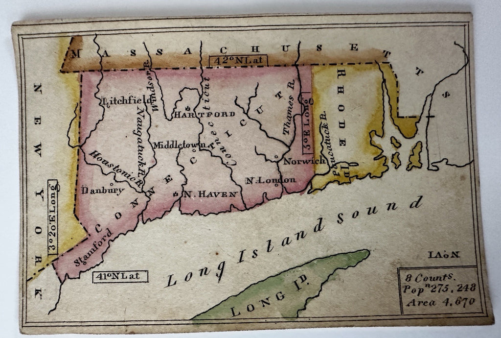 Connecticut c.1820-24 rare Melish miniature state map original hand color