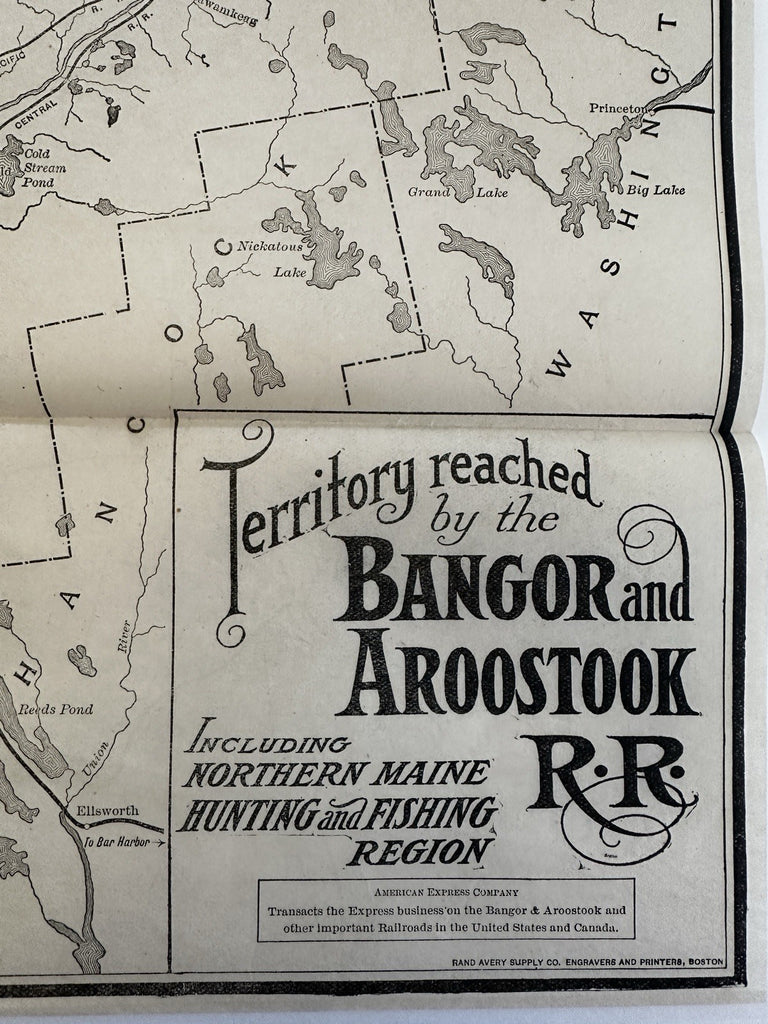 Maine Hunting & Fishing region map c.1910 Bangor & Aroostook RR large map