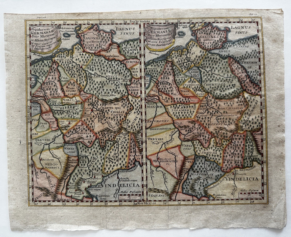 Germany in ancient times 1711 Rhine engraved hand colored historical map