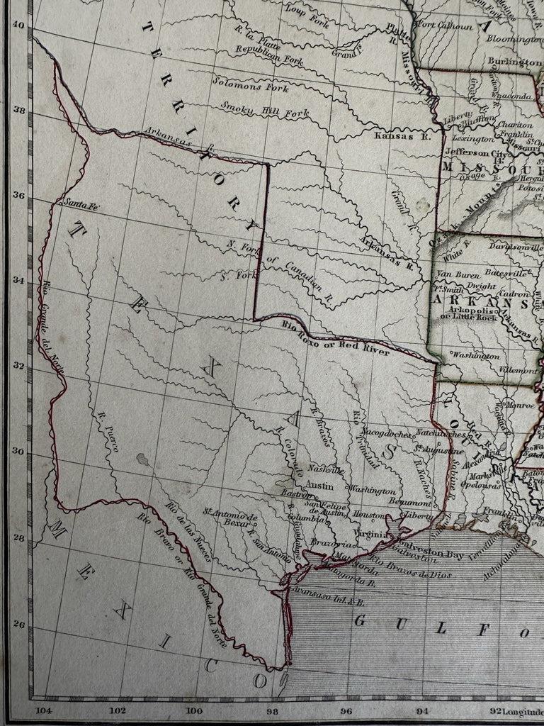 Texas independent Republic Territorial U.S. c.1848 Chambers hand color map