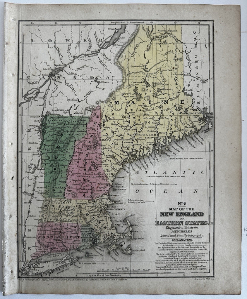 New England states VT NH ME MA CT RI 1839 Mitchell hand color engraved map