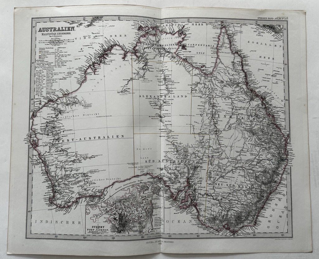 Australia continent early dates details 1870 Petermann engraved hand color map