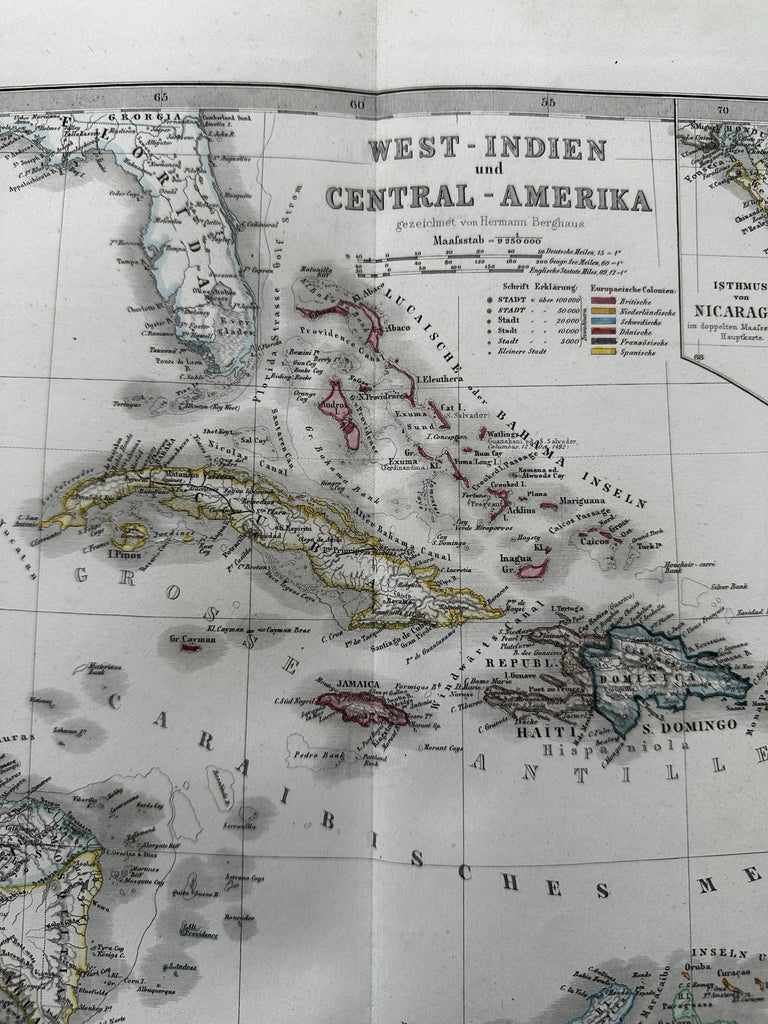West Indies Caribbean 1870 Berghaus Stieler engraved hand color map