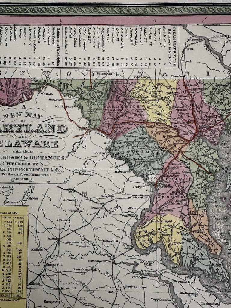 Maryland & Delaware states 1855 Cowperthwait map county slave population shown