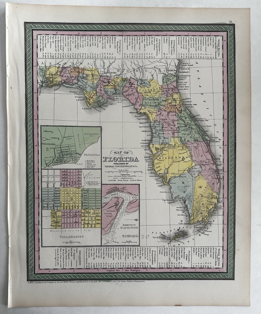 Florida state Pensacola St. Augustine Tallahassee 1855 Cowperthwait lovely map