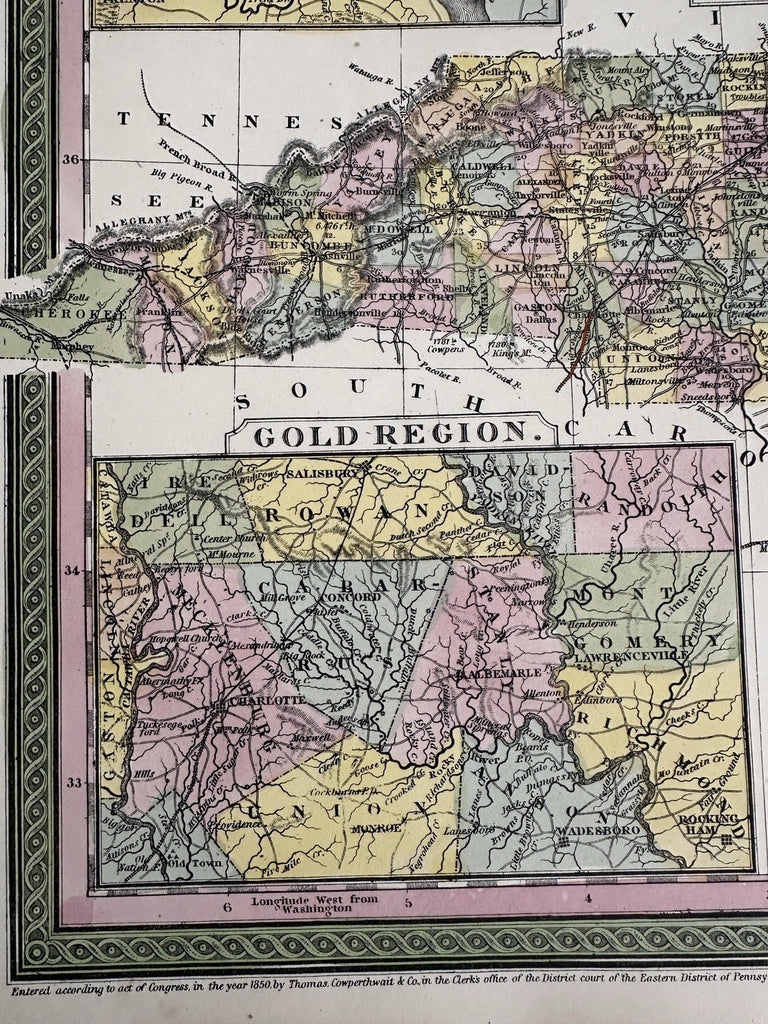 North Carolina state Gold Region inset canals boats 1855 Cowperthwait lovely map