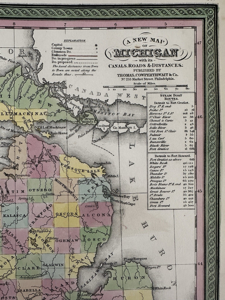 Michigan state early RR lines canals 1850-5 Cowperthwait lovely hand colored map