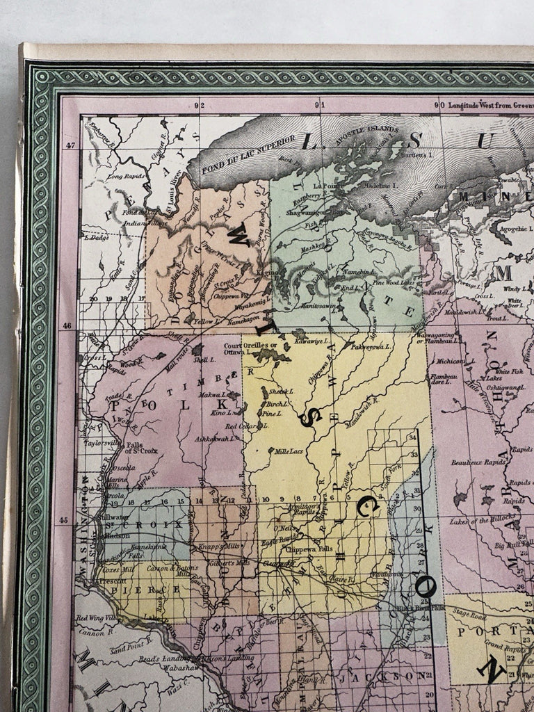 Wisconsin state early RR lines canals 1850-5 Cowperthwait hand colored map