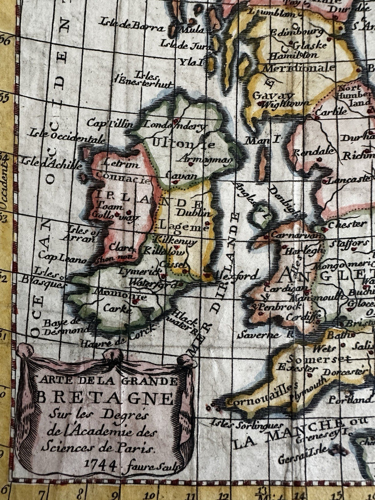 British Isles Ireland England Isles 1744 Faure engraved hand color miniature map