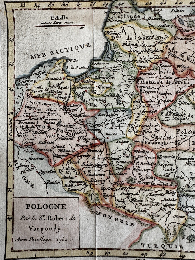 Poland Pologne Europe 1750 Vaugondy engraved hand colored miniature map