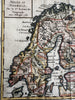 Norway & Sweden Finland 1750 Vaugondy engraved hand colored miniature map
