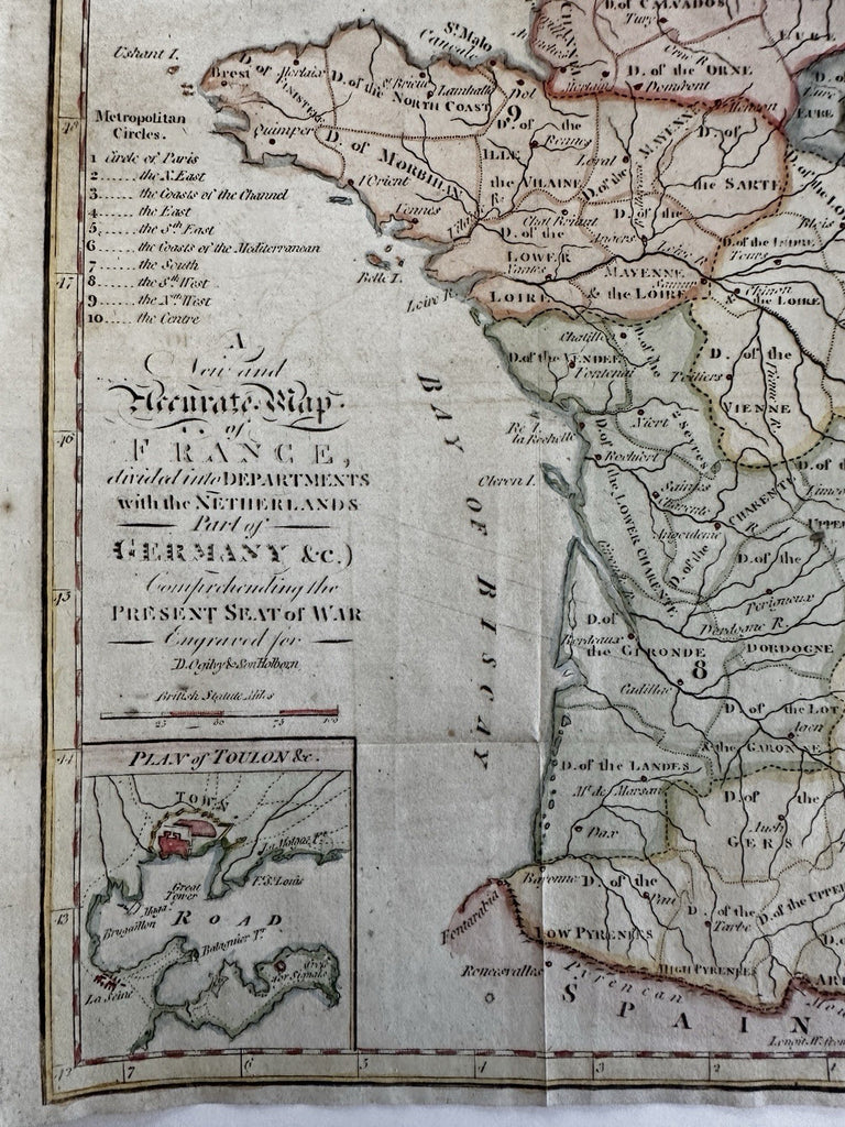 France showing seat of war 1799 Ogilby scarce map hand colored Toulon road inset