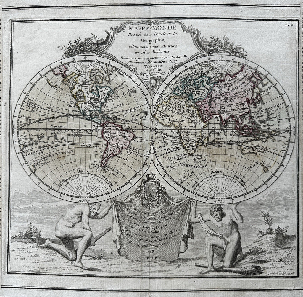 World spheres decorative cartouche Sea of West in North America 1778 Desnos map