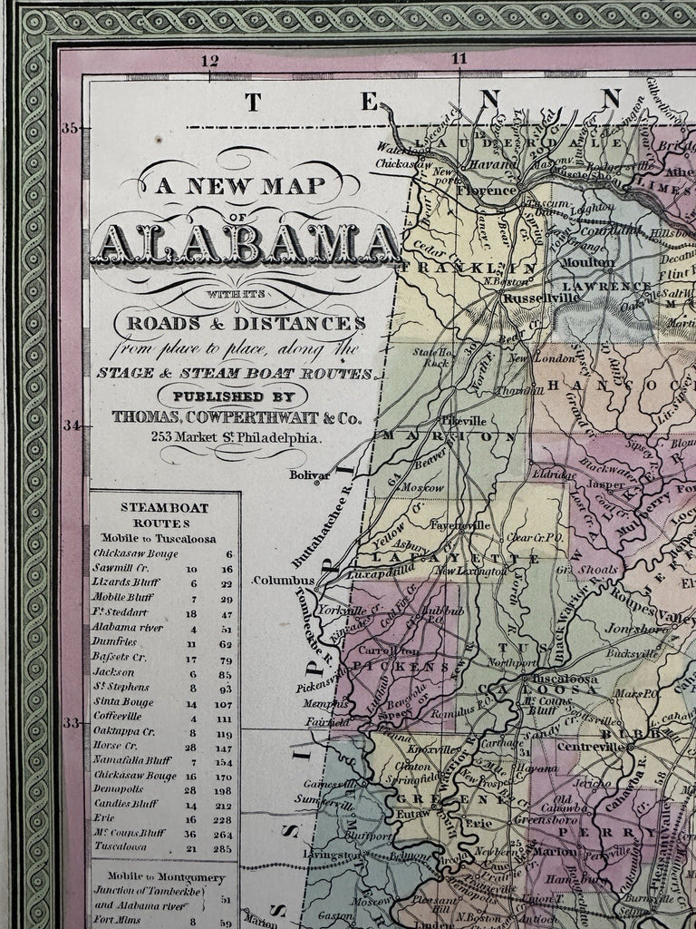Alabama state 1855 Cowperthwait hand colored early map showing steamboat routes