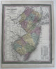 New Jersey state 1855 Cowperthwait hand colored map showing county populations