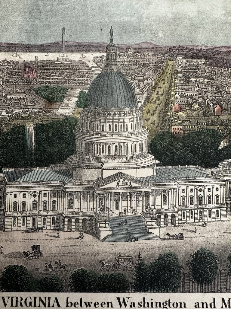 US Capitol Washington DC birds-eye view 1850’s Magnus hand color letter sheet