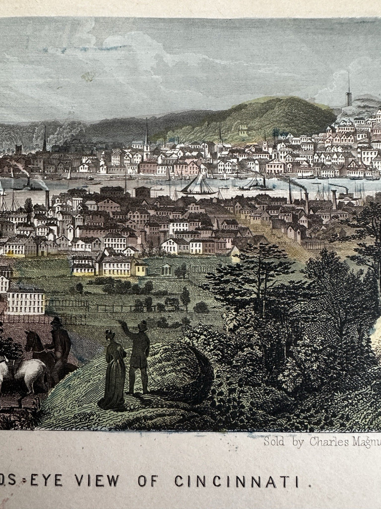 Cincinnati Ohio birdseye prospect view 1850’s Magnus hand color letter sheet