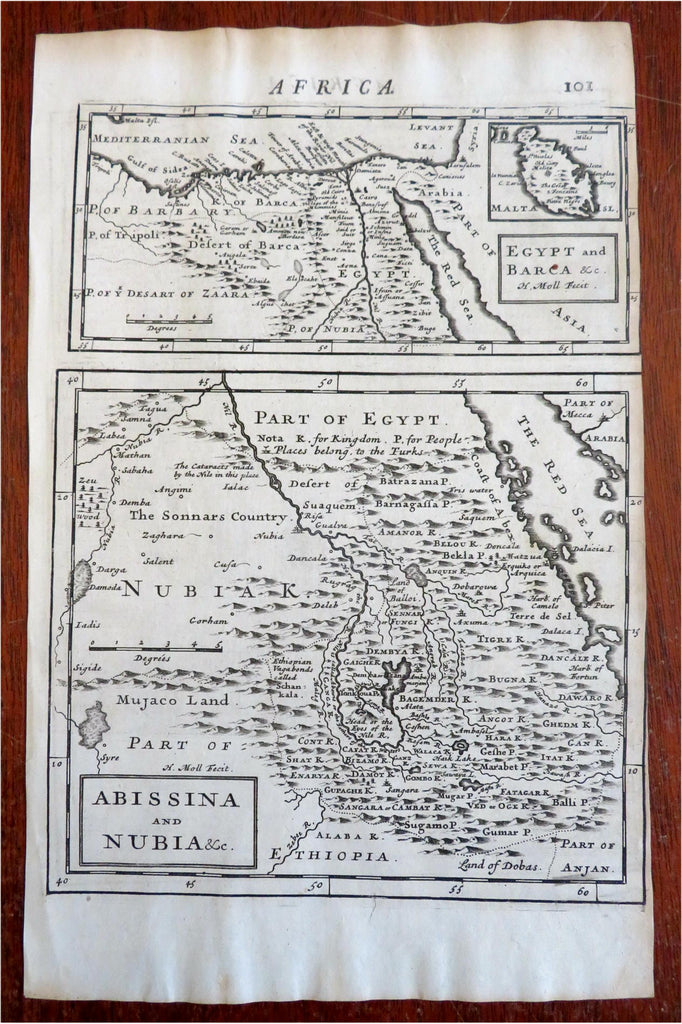 Abyssinia Nubia Egypt Northeast Africa Nile source 1701 Moll engraved map