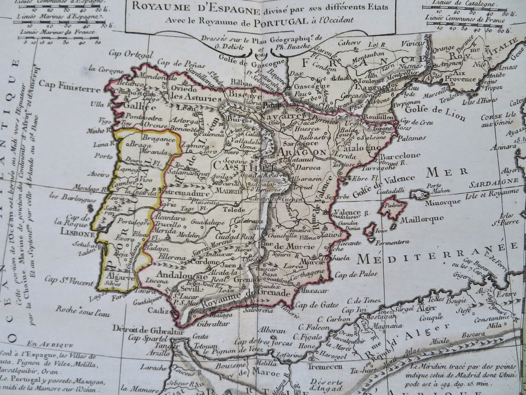 Kingdom of Spain & Portugal Madrid Lisbon Gibraltar 1761 rare Delisle Buache map