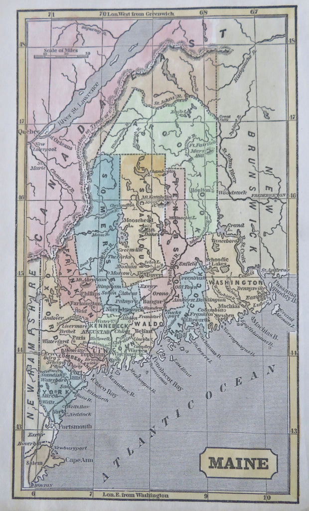 Maine state by itself 1853 Fanning scarce hand colored miniature map