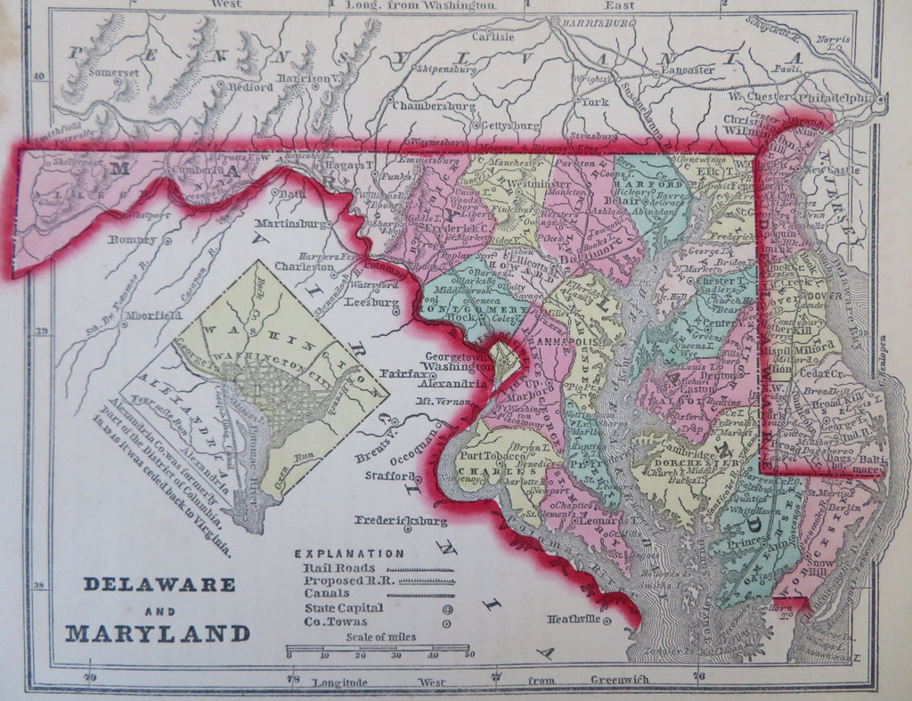 Washington D.C. Delaware Maryland 1856 Morse small cerographic hand color map