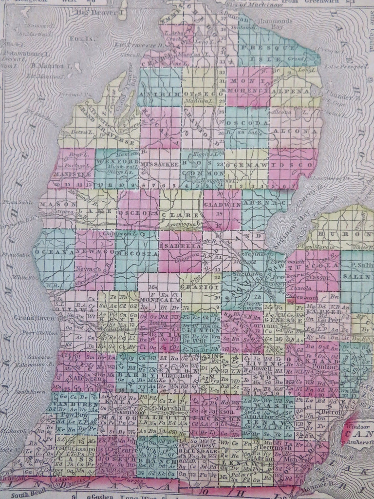 Michigan Detroit Flint County Map Railroads 1856 Morse Cerographic miniature map