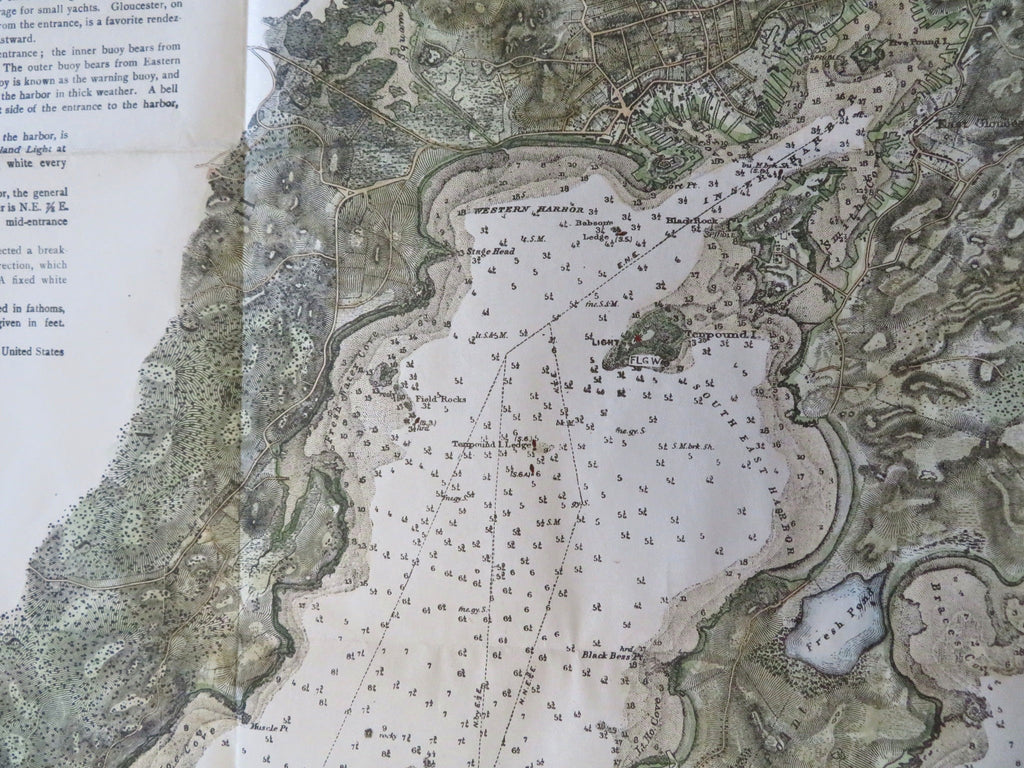 Gloucester Harbor coastal Massachusetts c. 1910-15 nautical navigation hc map