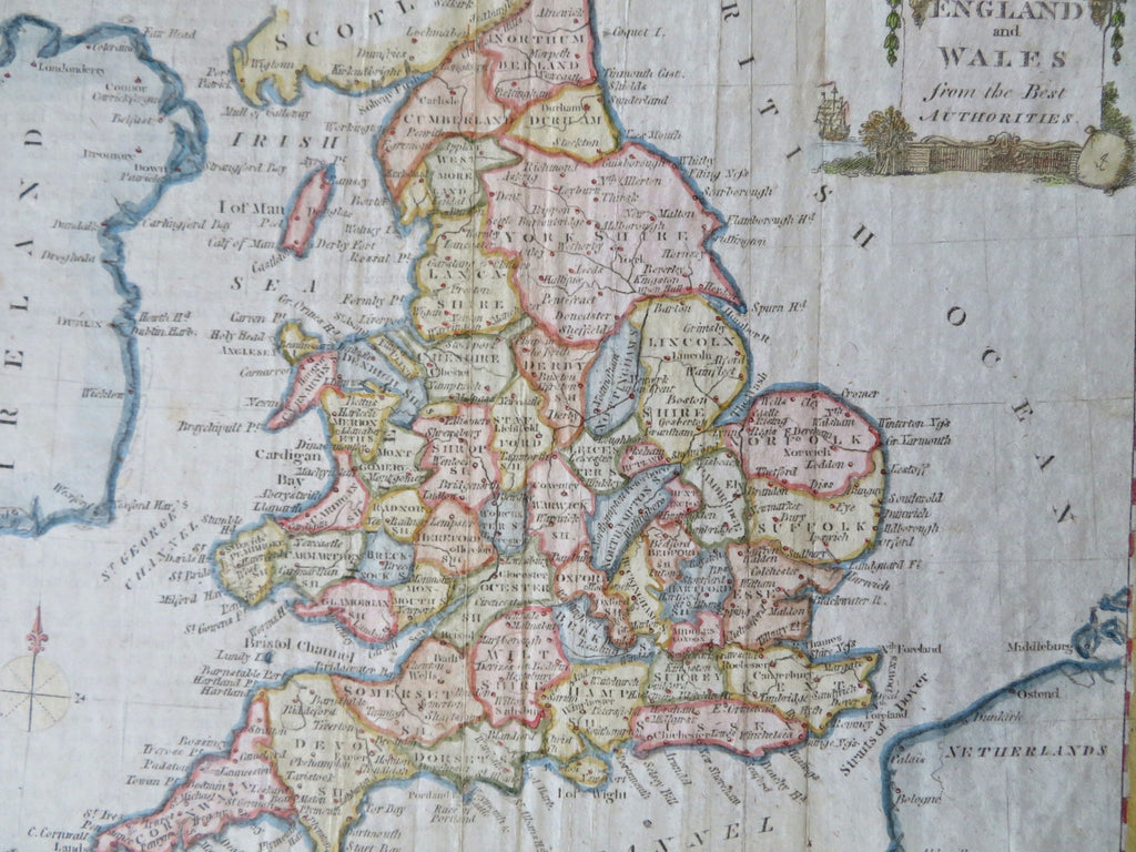 England & Wales United Kingdom London Cardiff York c. 1780 Conder decorative map