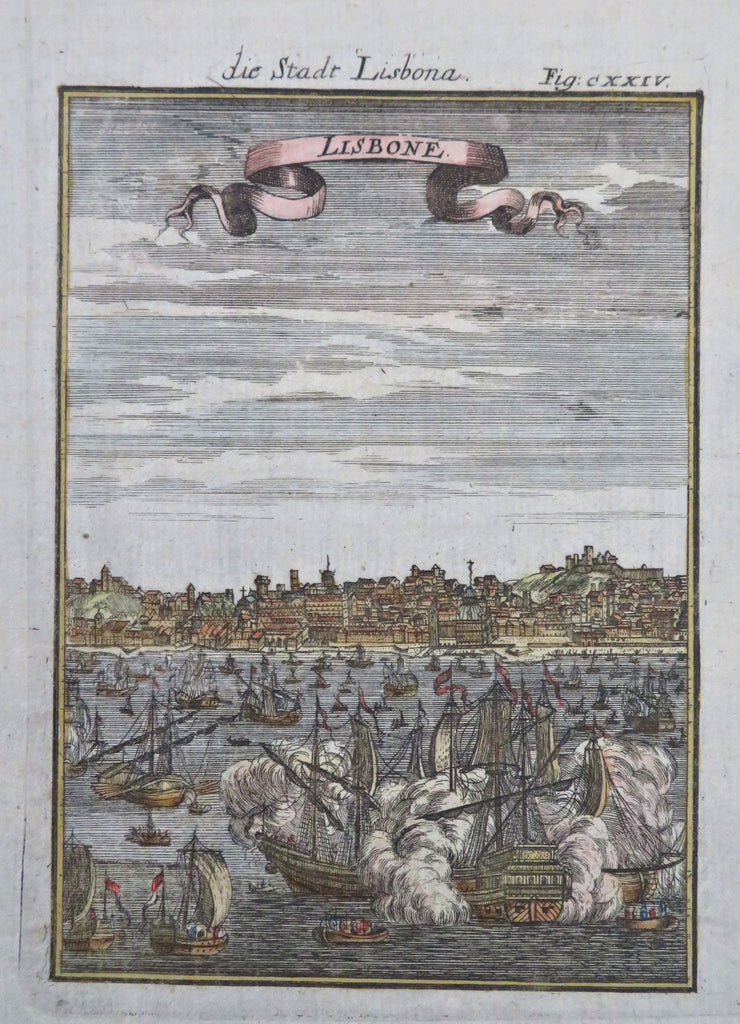 Lisbon Portugal City View Naval Battle Harbor Scene 1719 Mallet charming print