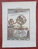 Zodiac Armillary Sphere World Map 1685 Mallet hand color map print cherub