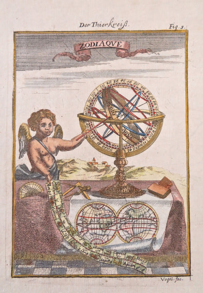 Zodiac Armillary Sphere World Map 1685 Mallet hand color map print cherub
