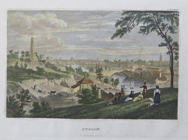 Dublin Bird's Eye panoramic view Ireland 1840's fine engraved hand colored print