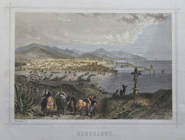 Barcelona Spain Travelers City View Harbor View 1847 Rouargue hand colored print
