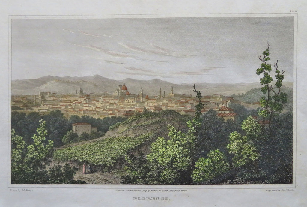 Florence Tuscany Italy Firenze Churches Duomo Towers 1818 hand colored city view