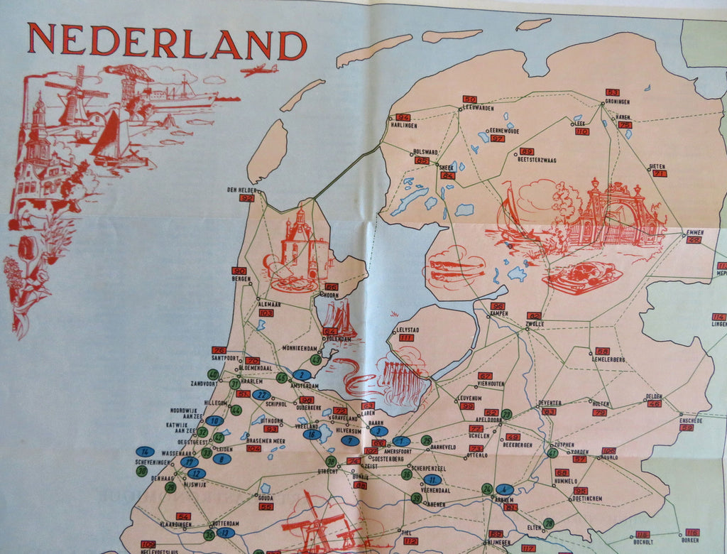 Netherlands Dutch Gastronomic Map Restaurants food wine c. 1950-60's tourist map