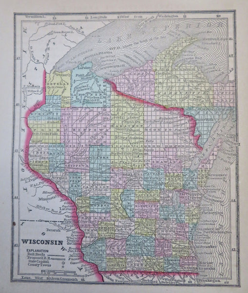 Wisconsin Milwaukee Green Bay Madison Racine 1857 Morse miniature state map