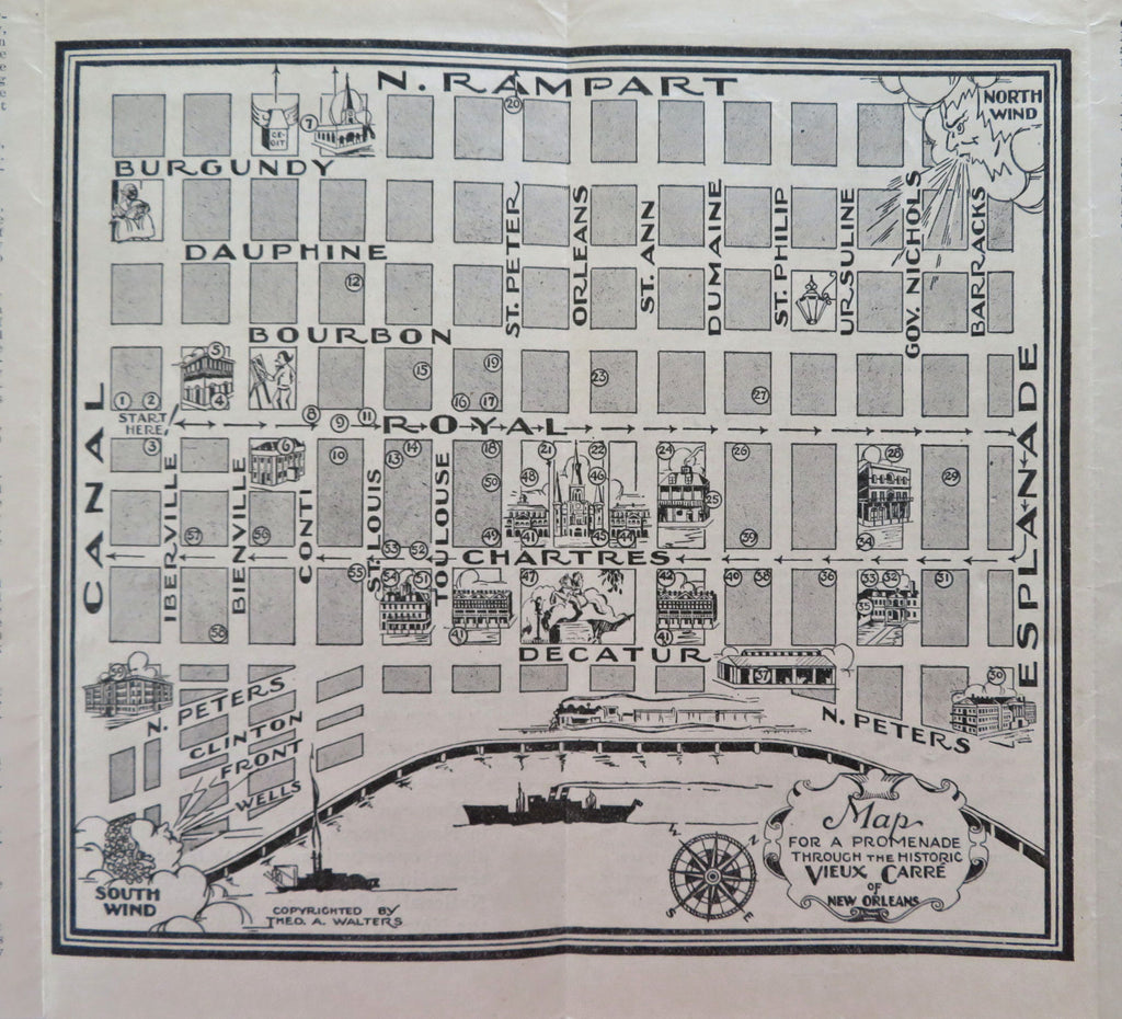 New Orleans City Plan Cartoon Pictorial Map Louisiana c. 1920 tourist brochure