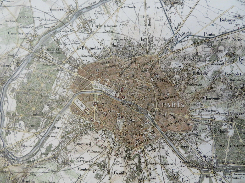 Paris France engraved city plan c. 1850's excellent detailed map w/ hand color