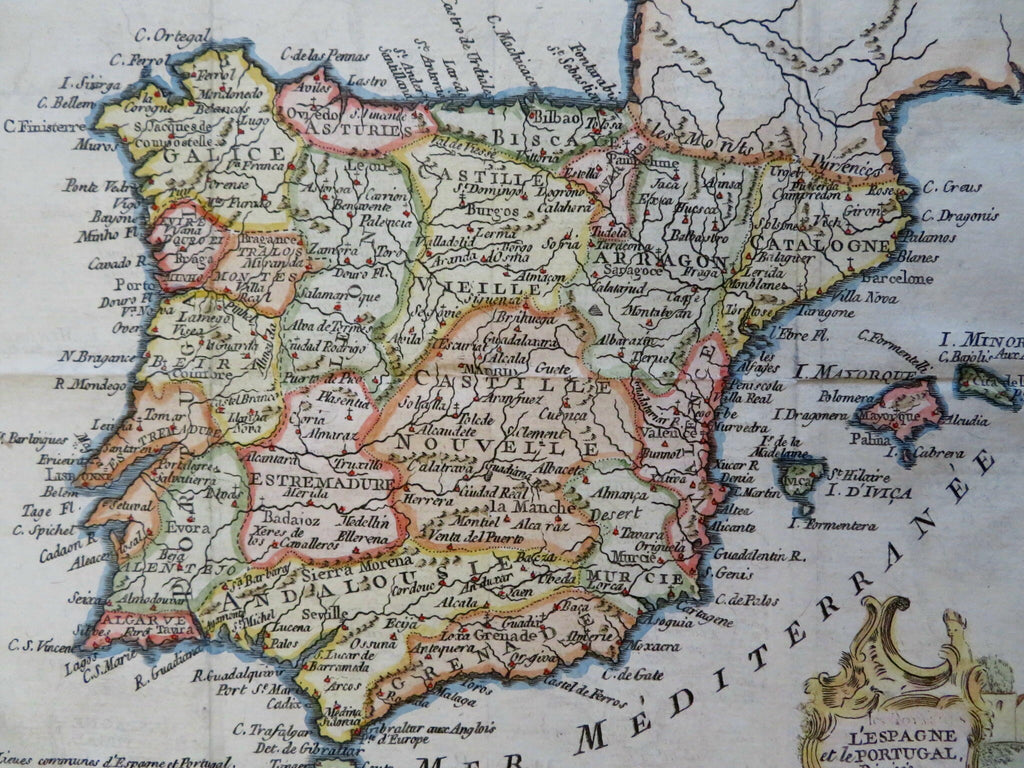 Spain & Portugal Espagna 1786 charming decorative hand colored miniature map