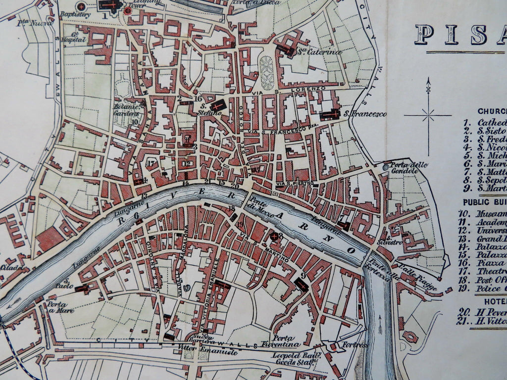 Pisa Italy Italia 1875 detailed scarce hand color city plan tourist map w/hotels
